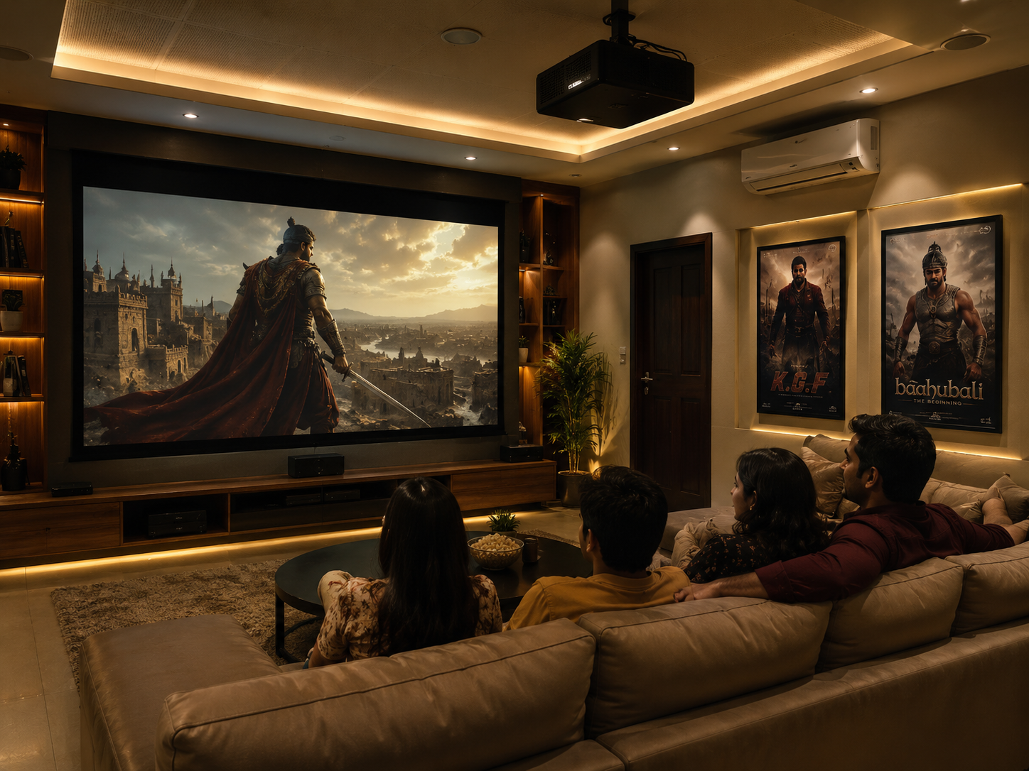 Family watching a movie on a DigiCast smart LED projector at home