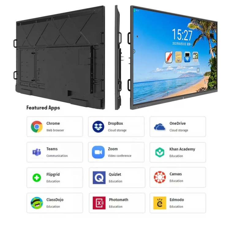 DigiCast interactive flat panel back and side view with featured education apps