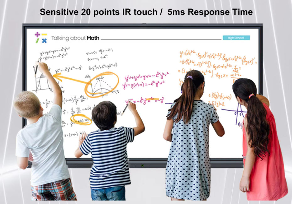 Students writing maths equations on a DigiCast panel with sensitive 20-point IR touch
