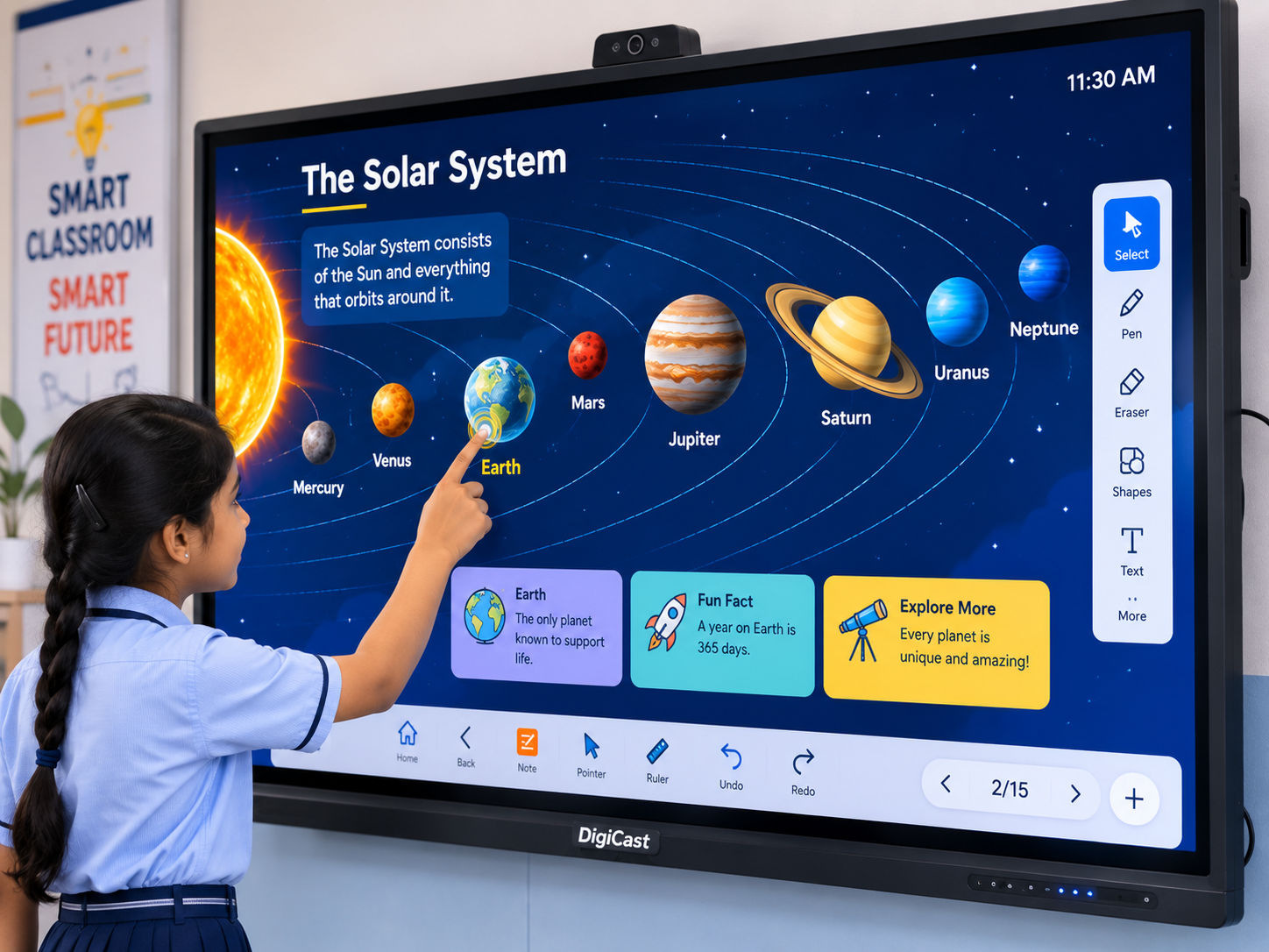 Student using a DigiCast interactive flat panel to explore the solar system in a smart classroom