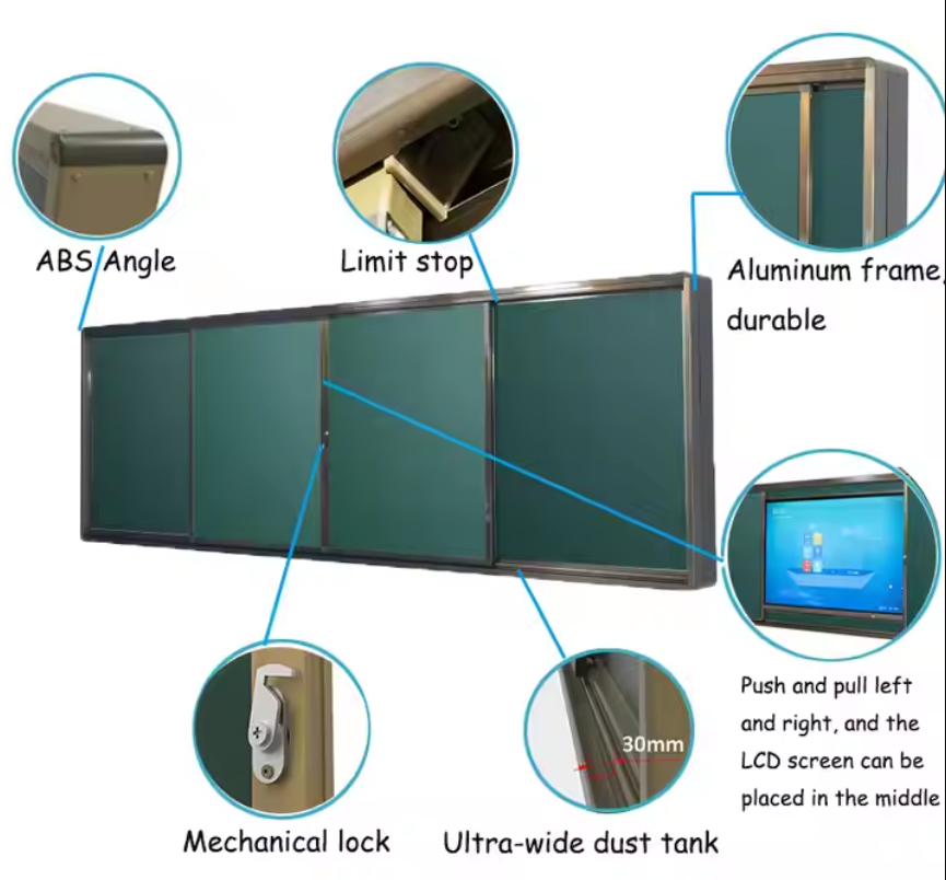 Security sliding shutter feature callouts: ABS angle, limit stop, aluminium frame, mechanical lock, dust tank