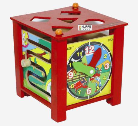 Wooden activity cube with clock face and shape-sorting sides