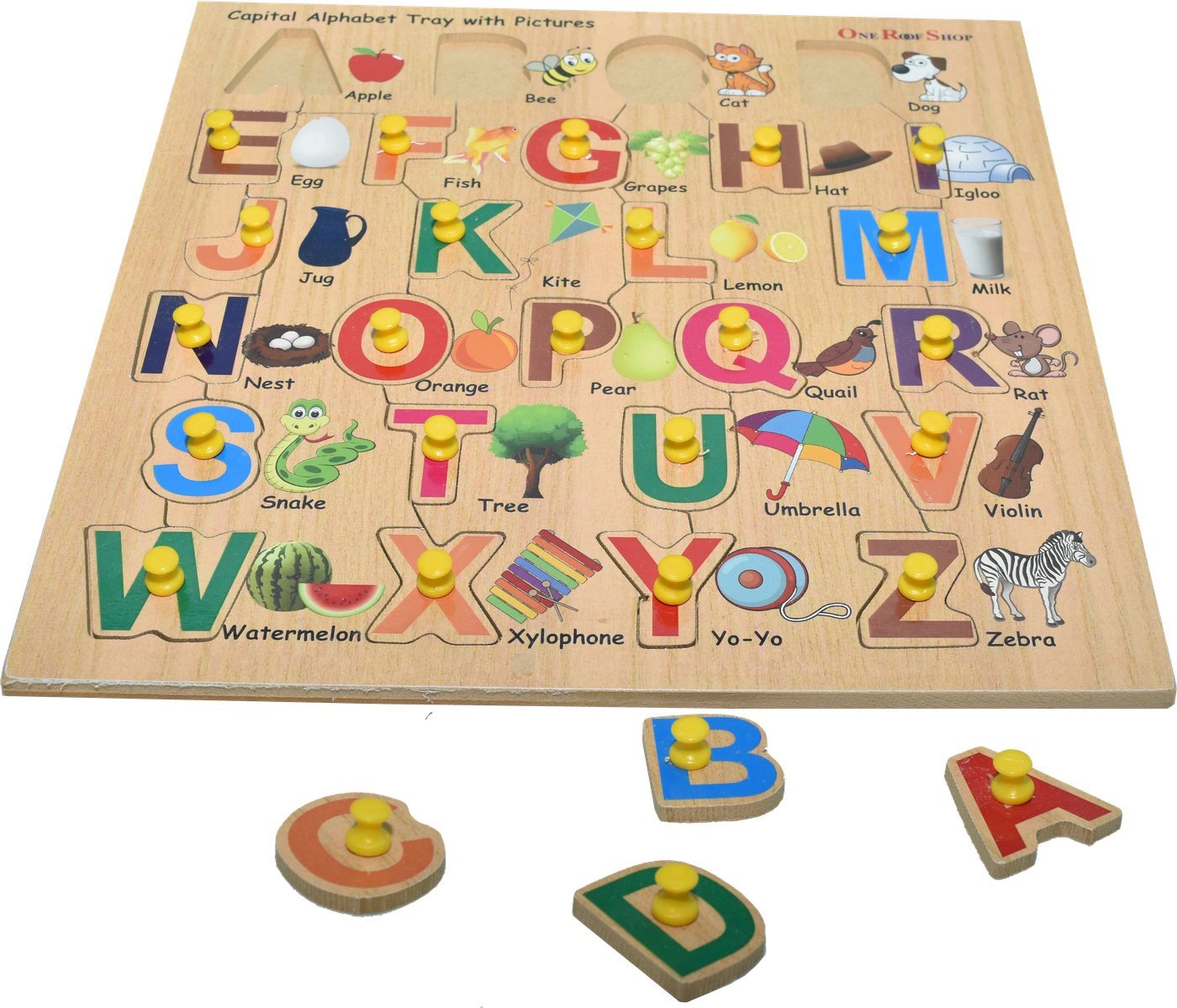 Capital alphabet tray puzzle with picture cues for each letter