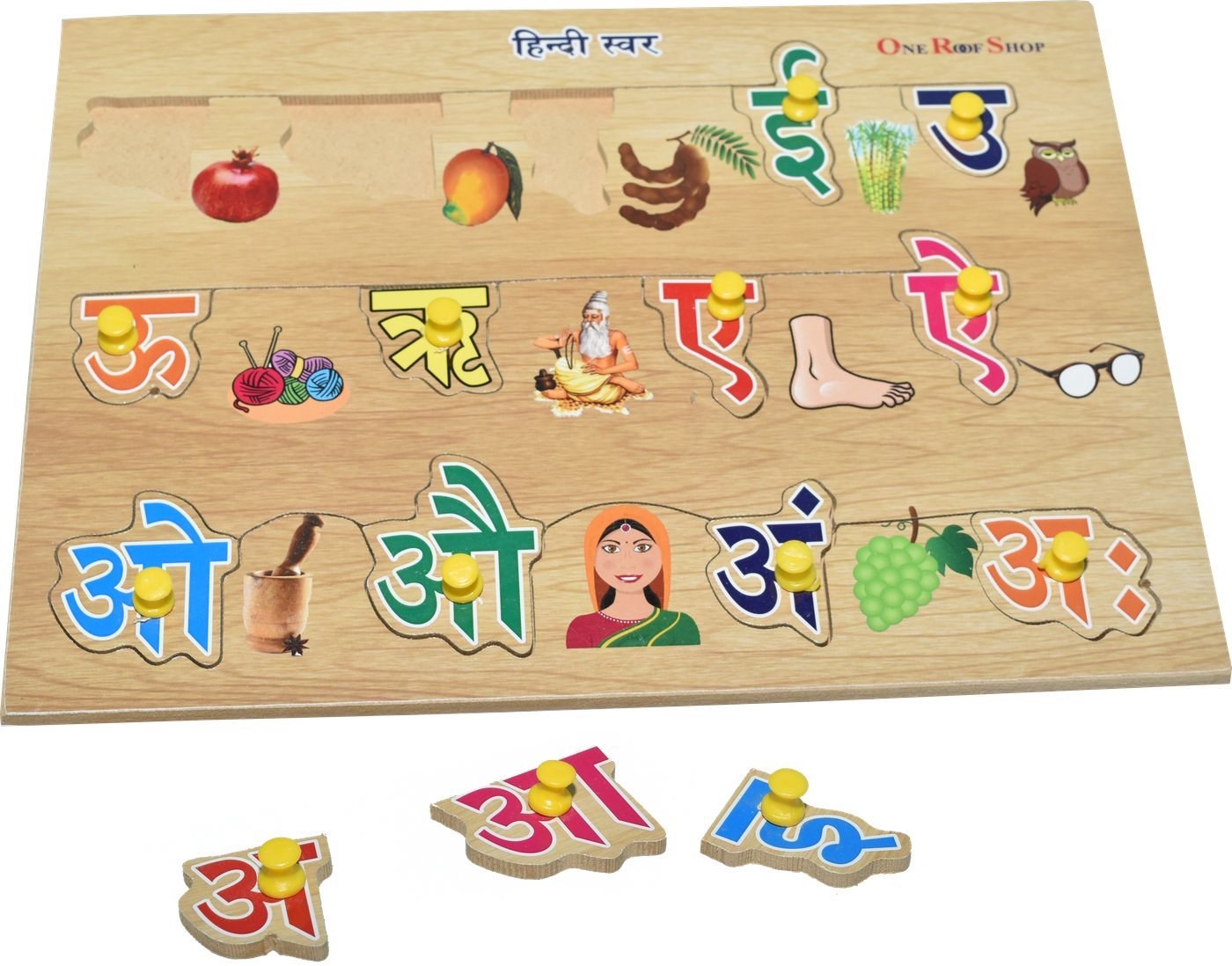 Wooden Hindi vowels (Hindi Swar) puzzle board with picture cues