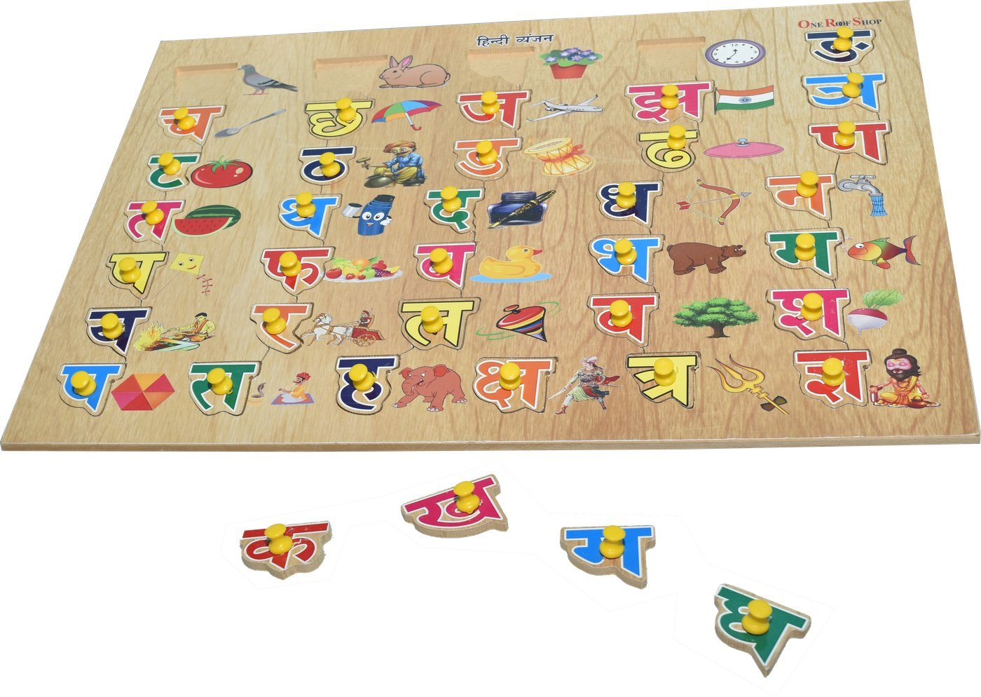 Wooden Hindi consonants (Hindi Vyanjan) puzzle board with picture cues