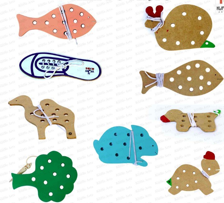 Wooden lacing and threading toys shaped as fish, animals and a shoe