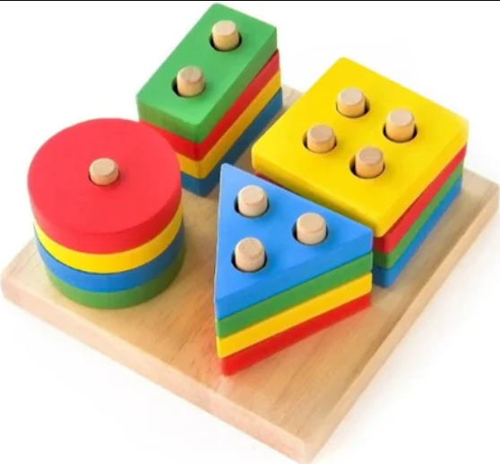 Wooden shape and colour sorting puzzle toy on stacking pegs