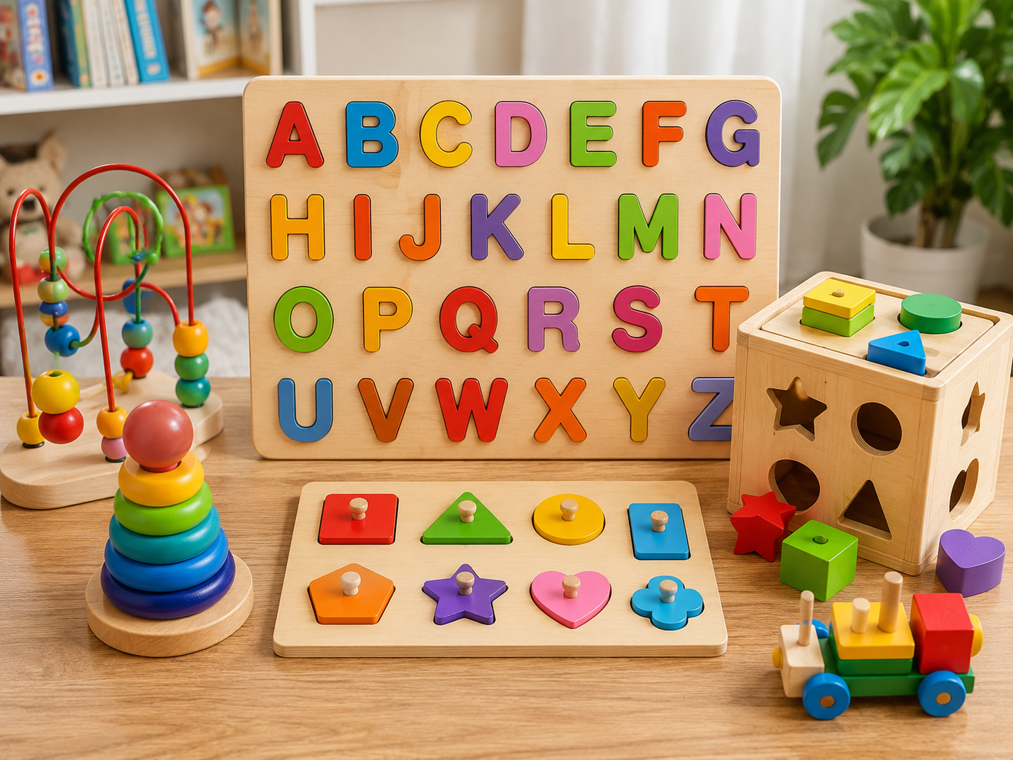 Wooden puzzle toys and learning blocks for early education